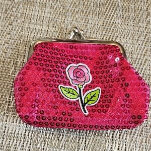Hand Crafted Pink Kiss Lock Sequin Clutch with Floral Accent